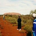 AUS NT AyersRock 1993MAY 021  The sandstone rock is 3.6km (2.2 miles) long and has a girth of 9.4 kilometres (6 miles). This photo was taken 50km away. : 1993, Australia, Ayers Rock, May, NT